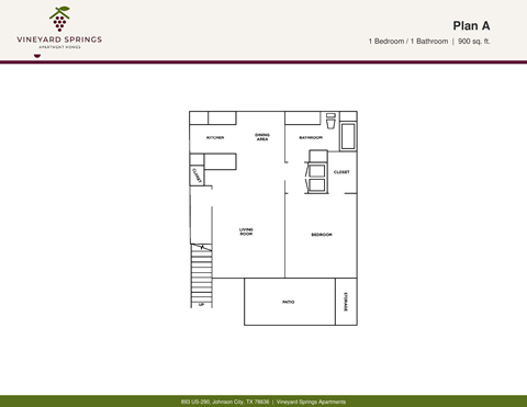 Floor plan for 1 bed, 1 bath, 900 sqft